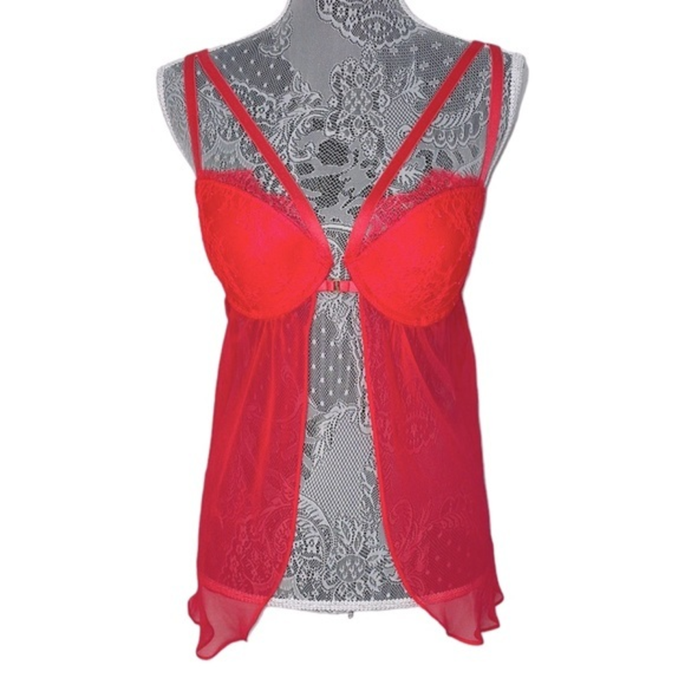 Victoria's Secret 36C red lace bra open chemise. Padded & Underwire. EUC